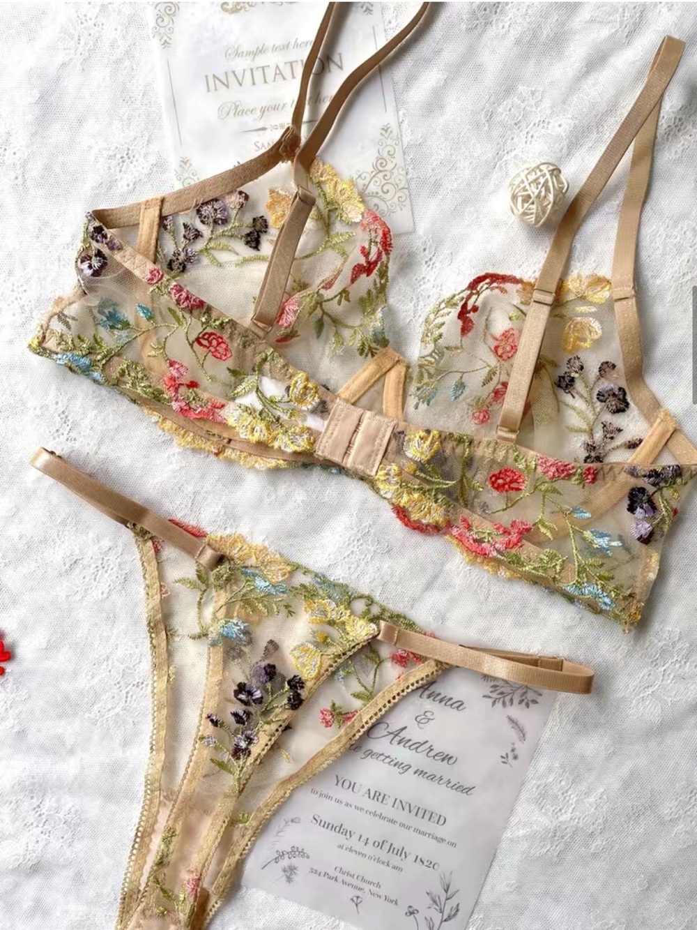 Sheer Floral Embroidered Bralette & Thong Set - Beige/Yellow, Size Medium, NWT - Picture 2 of 7